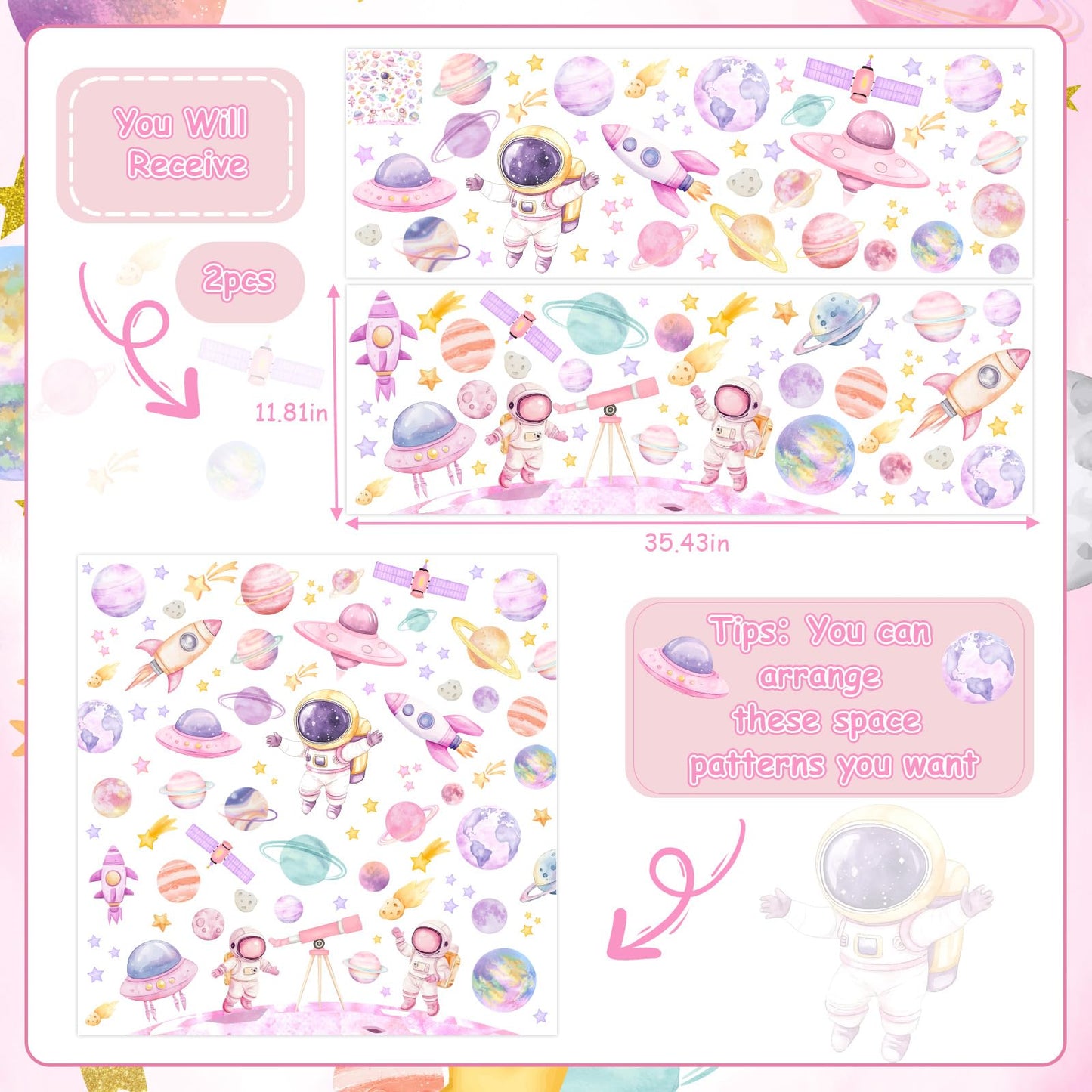 Kreatwow 2pcs Outer Space Wall Stickers for Girl Outer Space Wall Decorations Pink Astronaut Planet Decal Solar System Birthday Decoration Galaxy Rocket Cling Sticker Galaxy Astronaut Party Home Decor