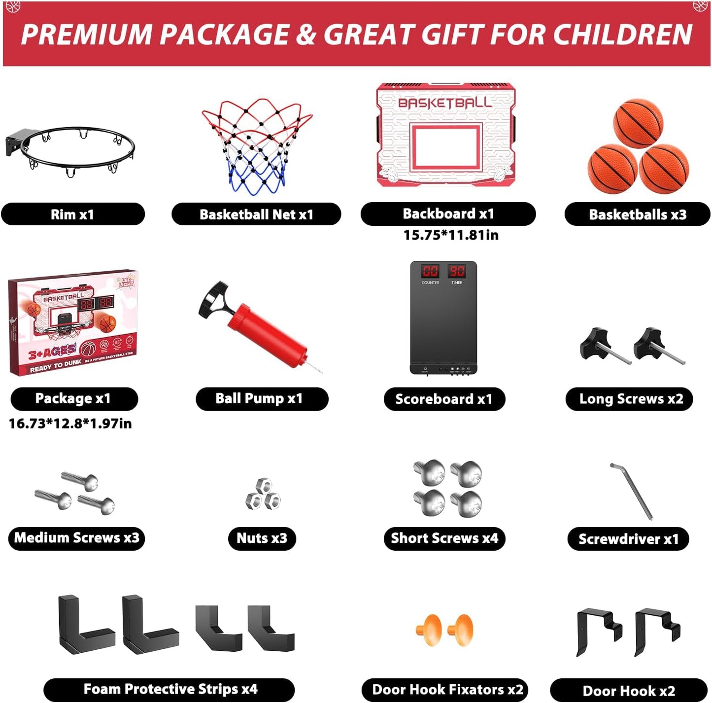 Skiennix Indoor Mini Basketball Hoop - Over The Door Design with LED Lights & Sound Effects | Includes 3 Balls, Perfect Sports Gift for Kids Ages 6-12