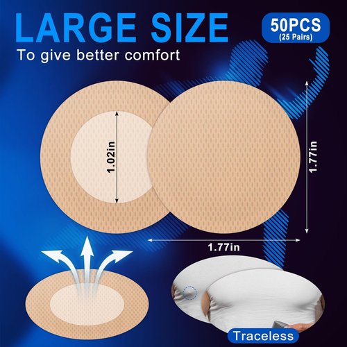 ALIBBON Nipple Covers for Men 50 Pcs (25 Pairs) Anti-Chafing Men's Nipple Covers, Skin Color Comfortable & Breathable, Provide Full Coverage, Stay Last Long, Central Non-Adhesive, Hypoallergenic