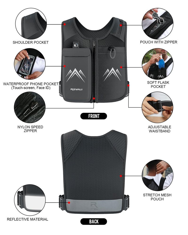 REVALI Running Vest, USA Original Patent, Zip Reflective Running Vests with 500ml Hydration Bottle, Adjustable Waistband & Breathable Material, Chest Pack Gear Phone Holder for Men & Women