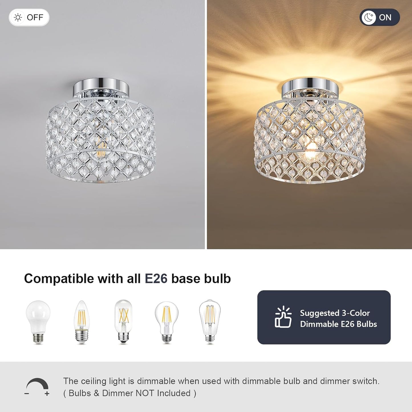Modern Black Crystal Semi Flush Mount Ceiling Light Fixture - 11.2" Round Chandelier for Dining Room, Hallway, Kitchen & Bedroom