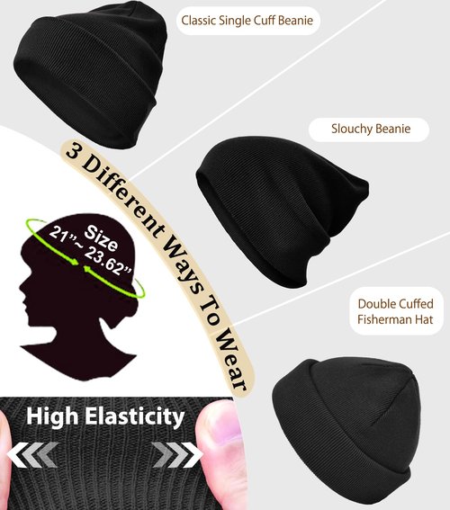 Cotton Beanie Hat for Women Men, Double Warm Knit Winter Hats, Fisherman Slouchy Ski Cuffed Beanies Skull Cap Black