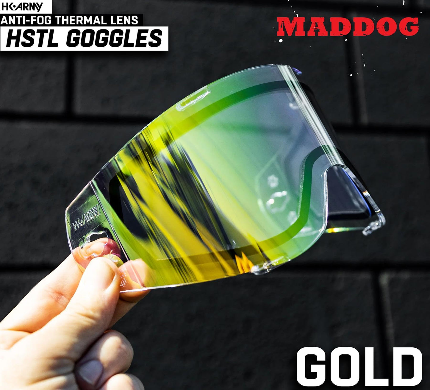 Maddog HK Army HSTL Paintball Airsoft Mask Goggle System | Replaceable Thermal Dual-Pane Anti Fog Lens | Adjustable Full-Face Safety Certified Protection - Black with Gold Lens