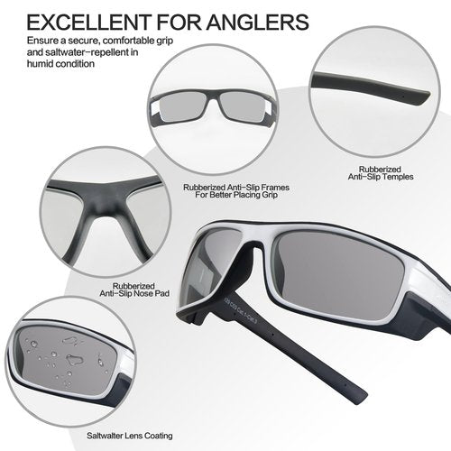Jefoo Polarized Fishing Sunglasses for Men Women Water Repellent Wrap Around Sports Sunglasses Photochromic UV400 Protection