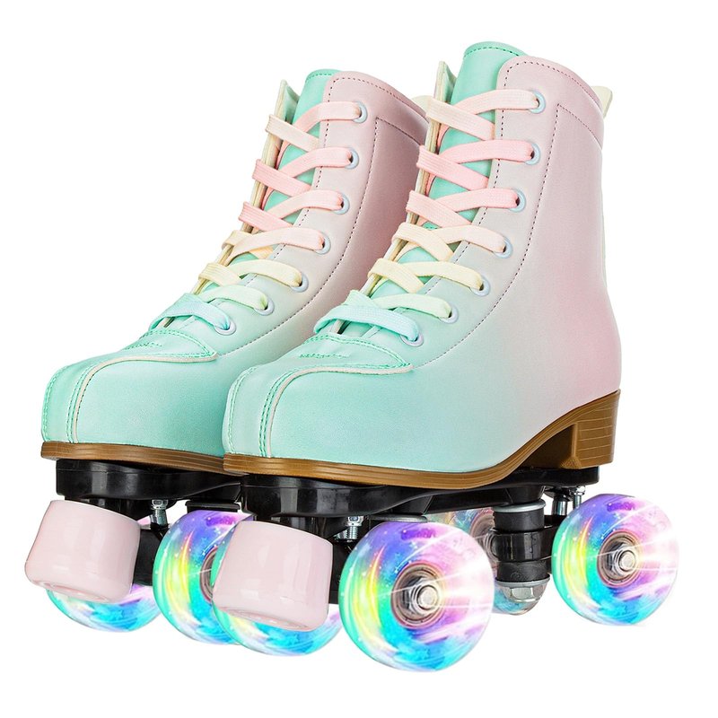 Tmore Quad Roller Skates for Women and Girls, Double-Row Light Up Roller Skate for Indoor Outdoor High Top PU Leather Kids Roller Skates Four-Wheel Adjustable Skates (Green Pink,34)