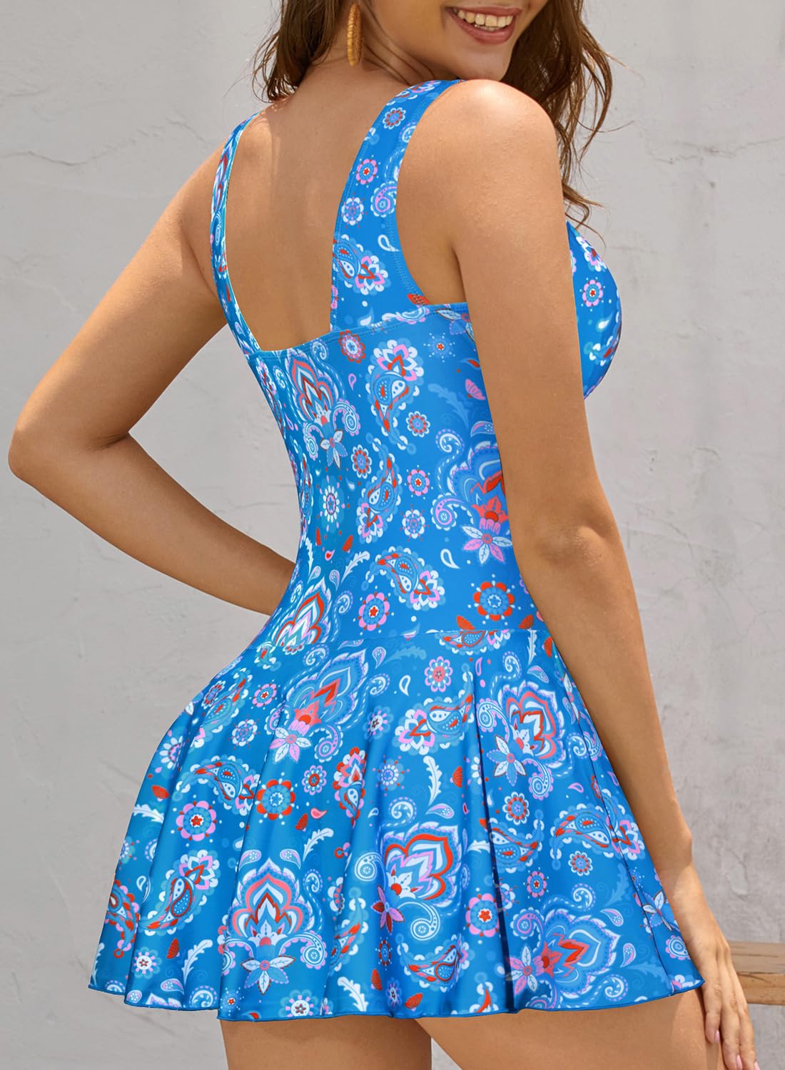 SHEKINI Women's V Neck One Piece Skirt Swimsuit Ruched Retro Swimdress Bathing Suit(Blue Floral Printed,Large)