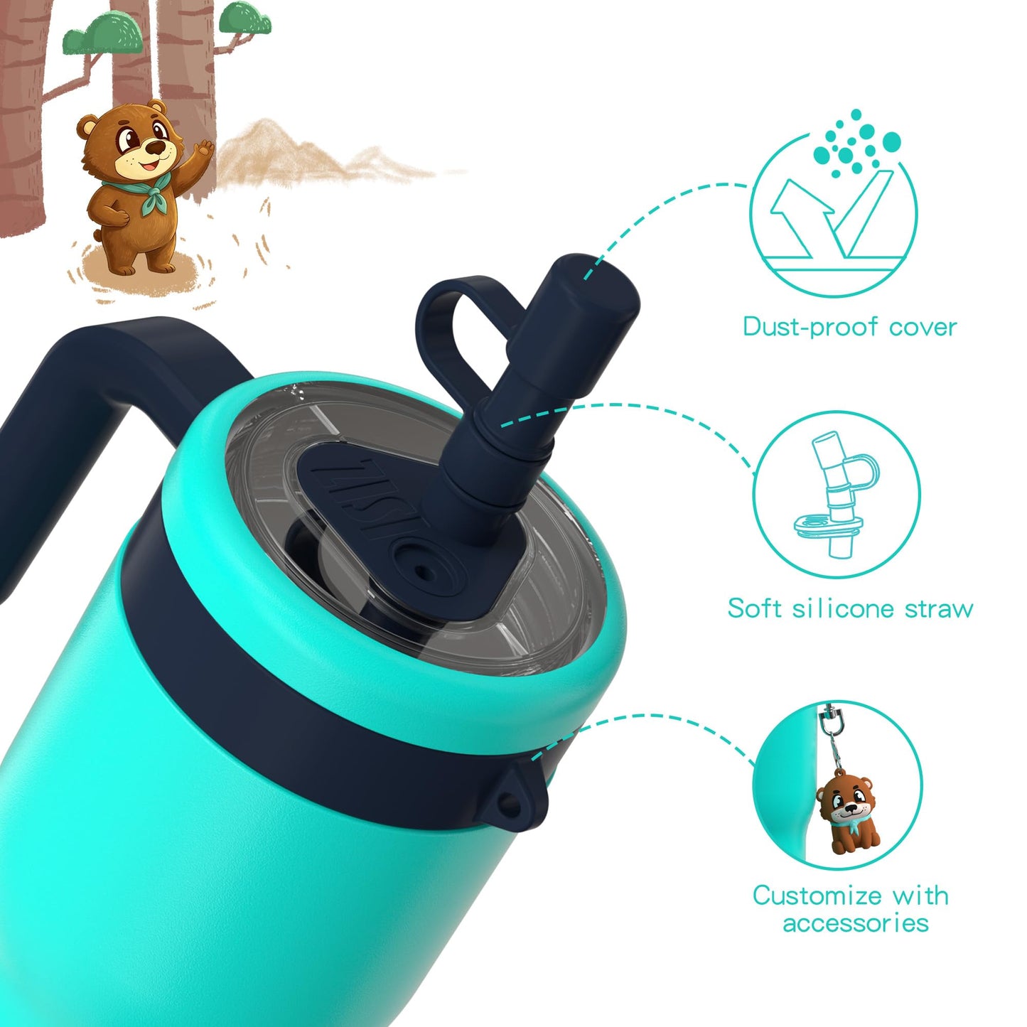 OISIZ 14oz Kids Tumbler with Straw Lid & Handle,Kids Cup with Animal Accessory for School,Kids Water Bottles with Dust-proof Cover,Leakproof Bottles,316 Stainless Steel,Keep Cold 24 Hours-dark green
