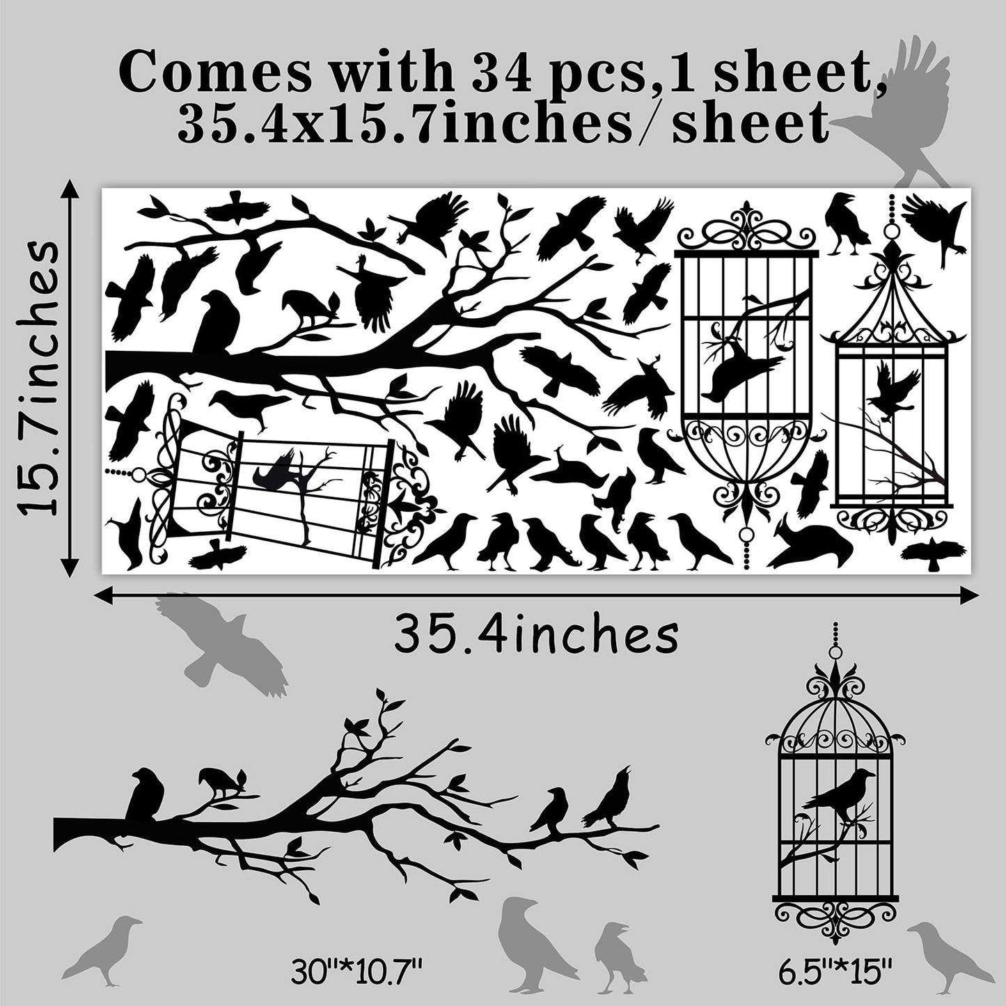 Halloween Tree Branch Wall Decals Crow Black Raven Bird Wall Decals Peel and Stick Birdcage Raven Stickers Removable Black Crows Branches Halloween Wall Stickers for Bedroom Living Room Decor
