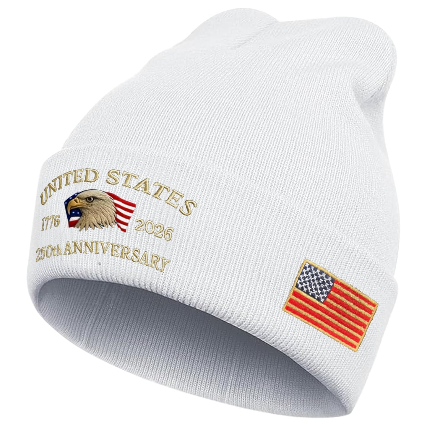 250th Anniversary USA Knit Hat Warm Cozy Embroidery Beanie for Women Men, 250 Year American Anniversary Merchandise White