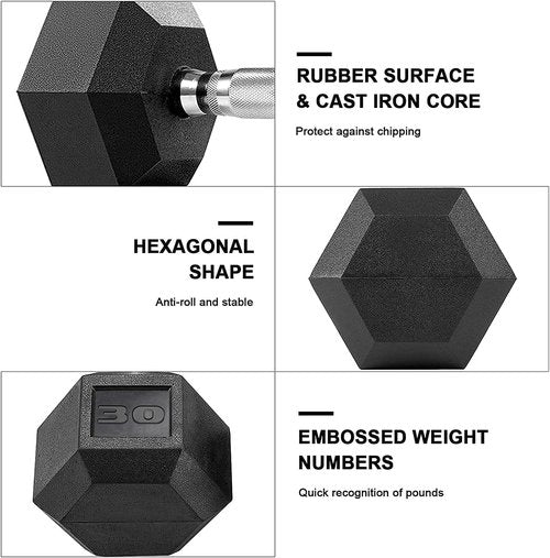 LIFERUN Dumbbells - Rubber Coated Cast Iron Hex Weights | 30-85lb Set of 2 for Home Workouts