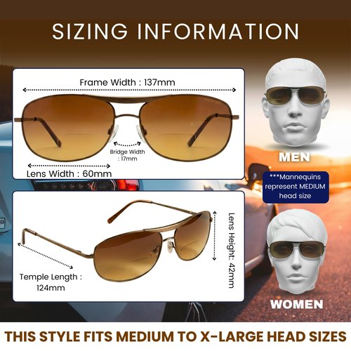 proSPORT Aviator Bifocal Sunglasses +2.00 Bronze Frame Brown Lens Bifocal for Men and Women