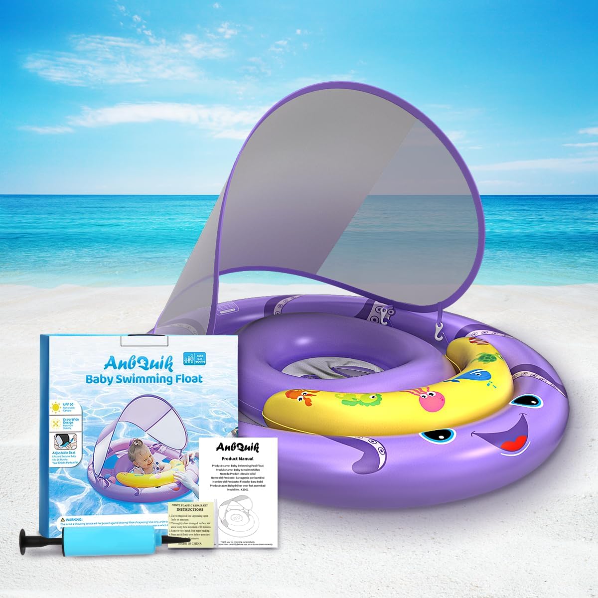 Skiennix Baby Pool Float - Octopus Swim Float with UPF50+ Canopy for 6-24 Months | Adjustable & Breathable Seat