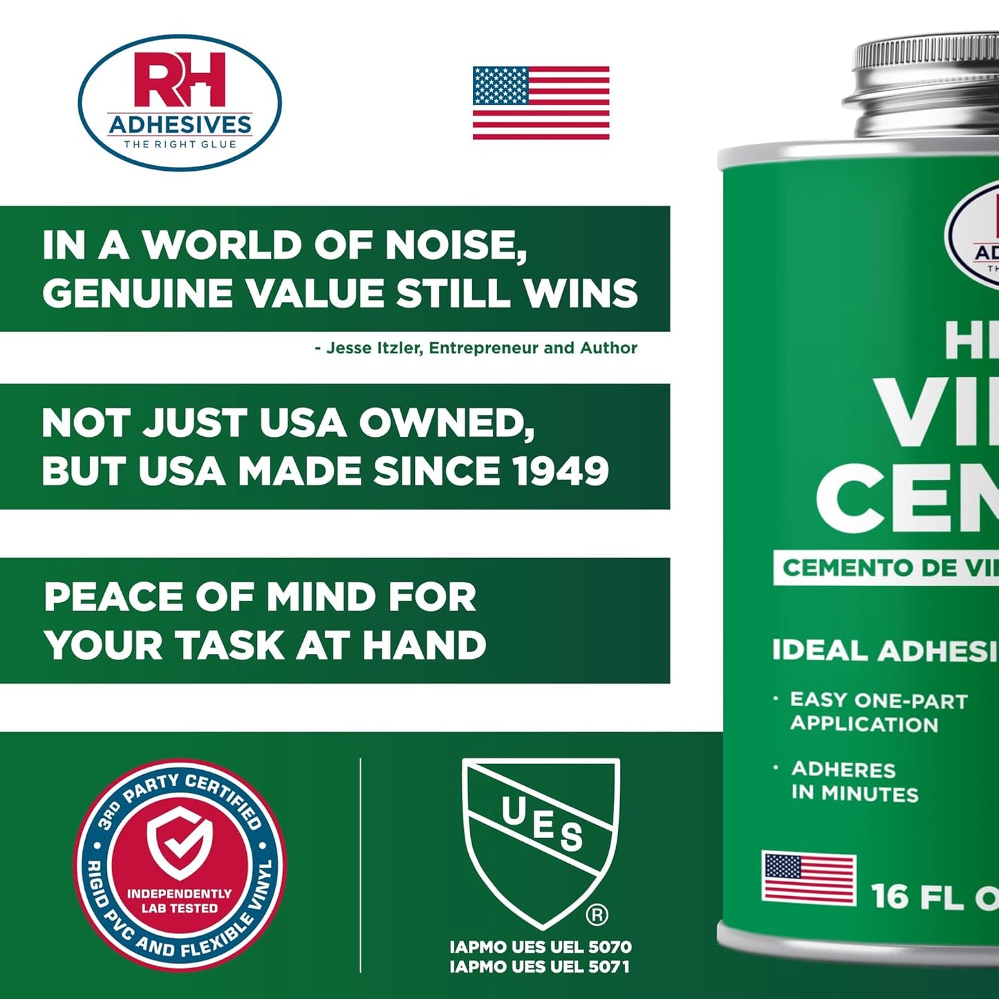 RH Adhesives HH-66 Vinyl Cement 16 oz - Waterproof Vinyl Adhesive for PVC & Vinyl Repair