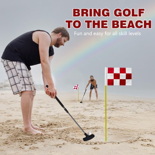 Golf Flagstick Mini Putt Set - Outdoor Battle Putting Game for Sand Beach/Backyard/Driving Range,Detachable Golf Pin Flag Hole Cup Set with 2 Adjustable Putters &Carry Bag, Gift Idea for Men/Boys