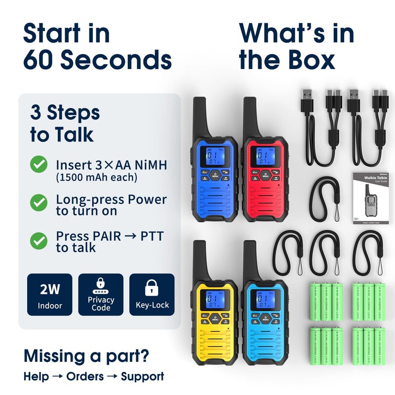 Wishouse K15 Walkie Talkies Long Range for Adults, Rechargeable Two-Way Radios 4 Pack, 2W FRS, 22 Channels, USB-C, Flashlight, NOAA/SOS, Quick Pair, for Camping & Hunting, Emergency Use