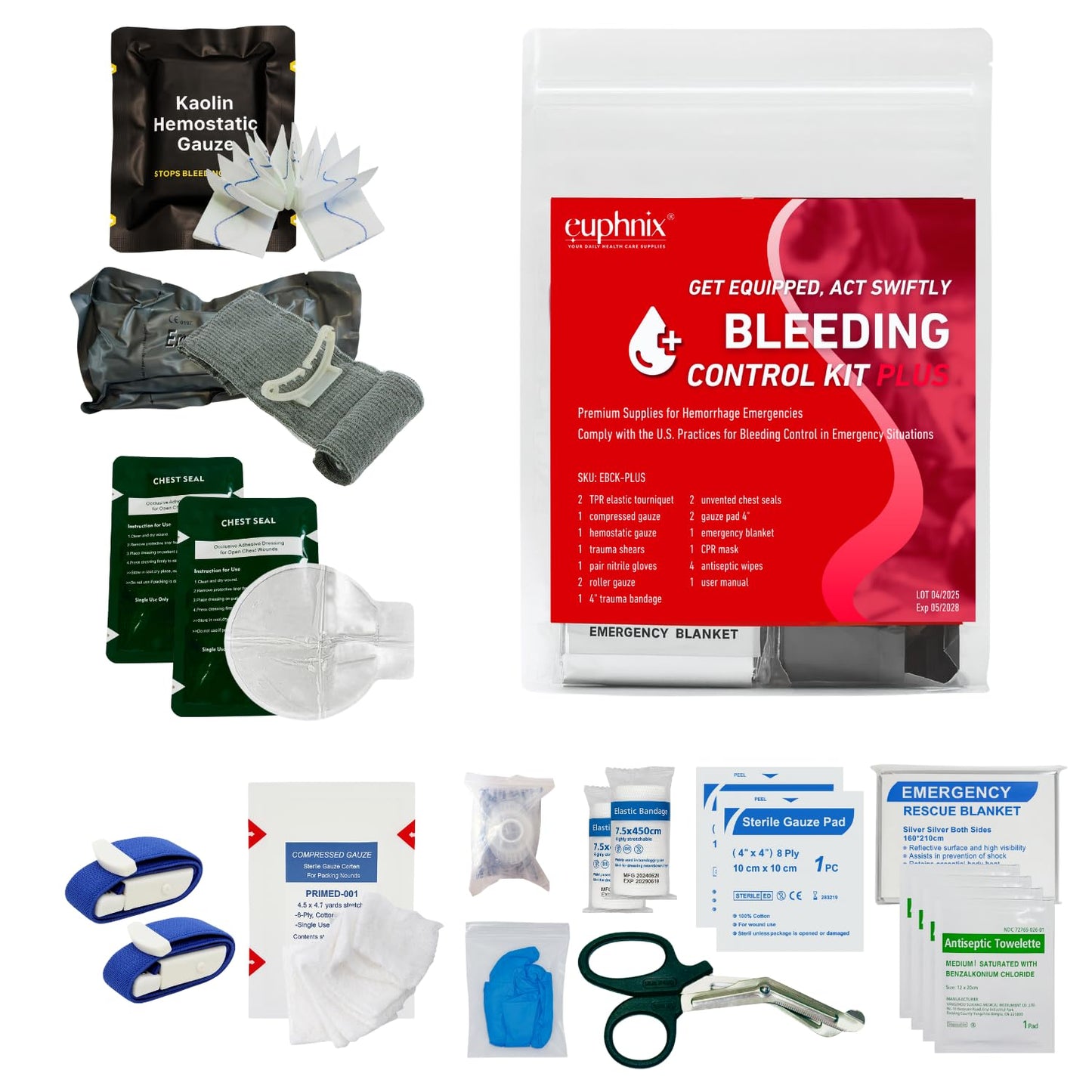 euphnix Bleeding Control Kit - Essential Supplies for Hemorrhage and Penetrating Emergencies | Quick Clot, Compact, Instant Access | Premium Pack 19 Pcs