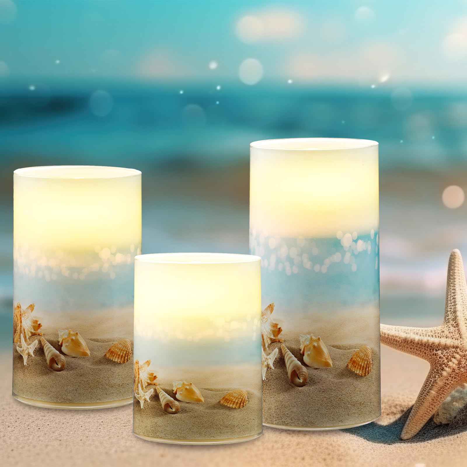 Tujoe 3 Pcs Summer Starfish Flameless Candles LED Battery Pillar Candles Set Battery Operated Flickering Candles Gifts with Remote Summer Decor for Holiday