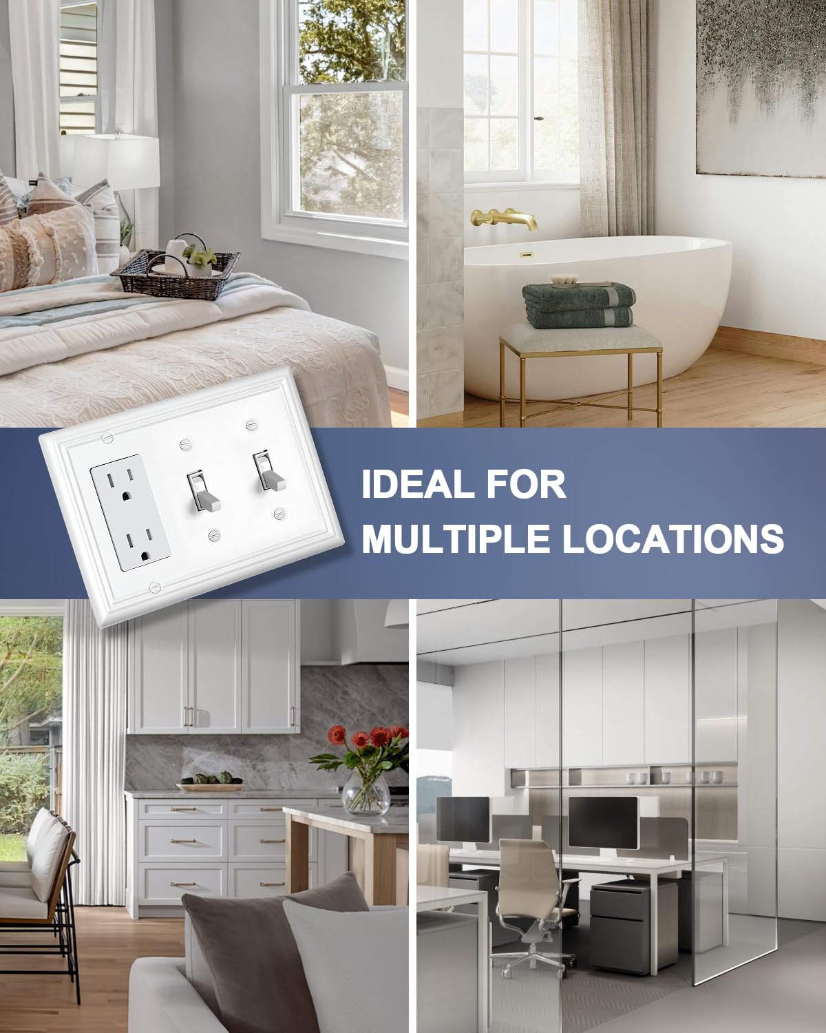 ZILLSEA Pure White 2 Toggle/1 Decorator Wall Plates, 1-Pack Combo Double Toggle/Single Rocker Switch Plates, Durable Metal, 3-Gang, 6.77''*4.88'', Midsize