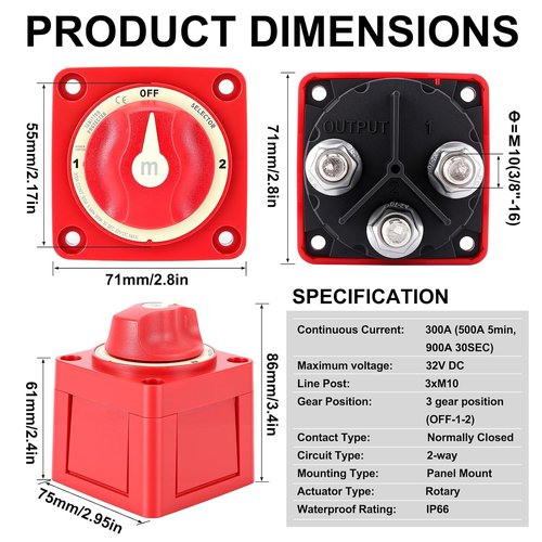 Akozon Battery Disconnect Switch - 300A 3 Position Dual Circuit Selector | IP66 Waterproof for Marine, RV, Truck, Car