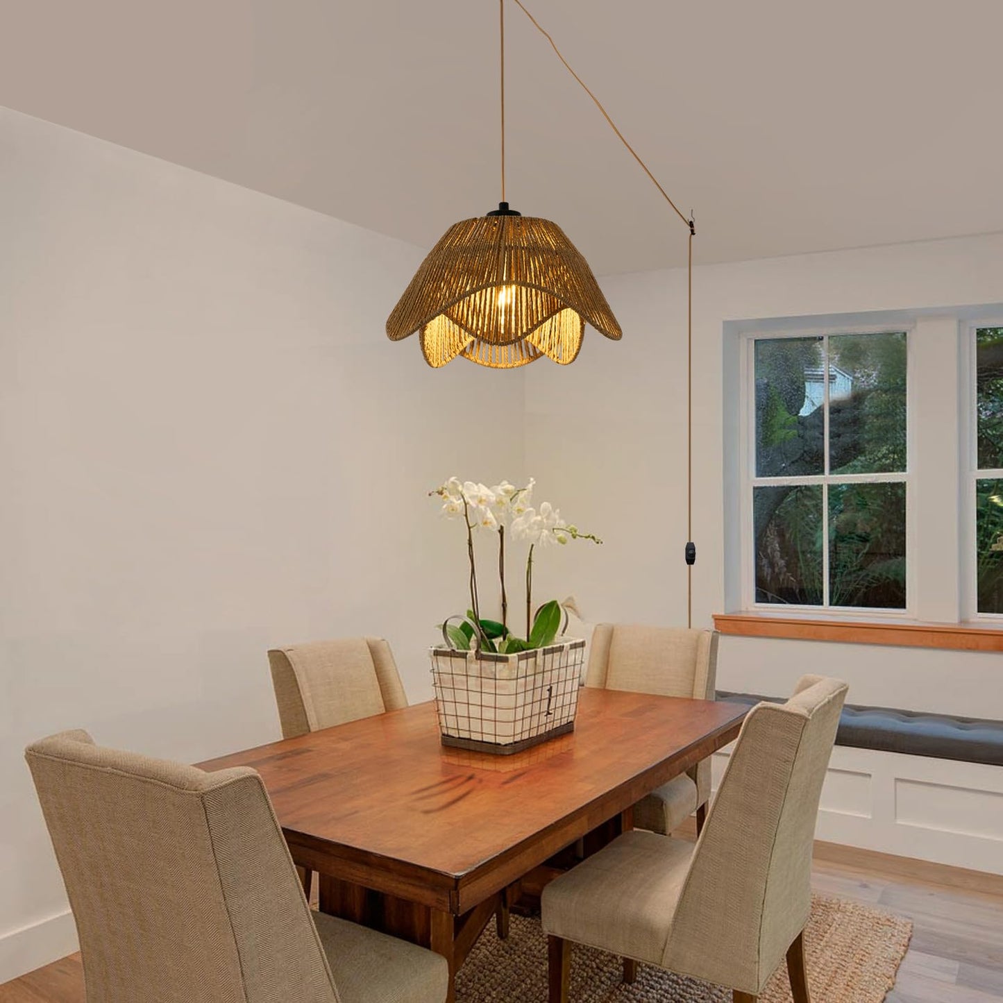 ZSDHXi Plug in Pendant Light, Boho Rattan Hanging Lights with Plug in Cord,Rustic Hand Woven Wicker Hanging Lamp with On/Off Switch, Adjustable Plug in Ceiling Light for Kitchen Bedroom Living Room