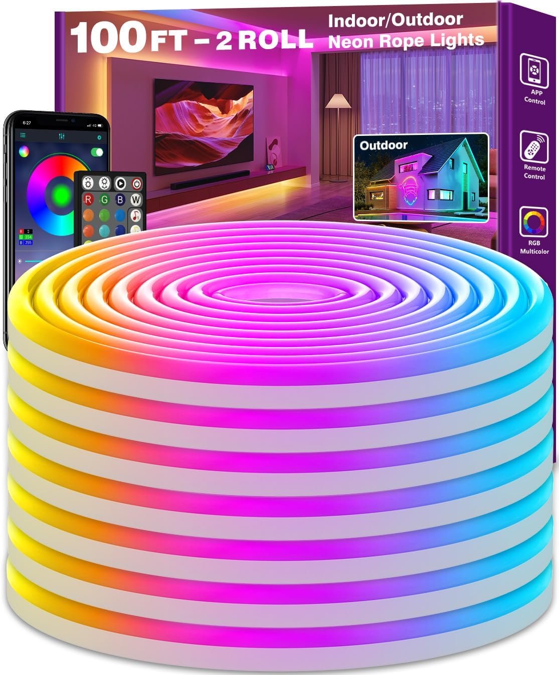 60FT SINLEY LED Neon Rope Lights - App/Remote Control, Waterproof RGB for Indoor/Outdoor Use