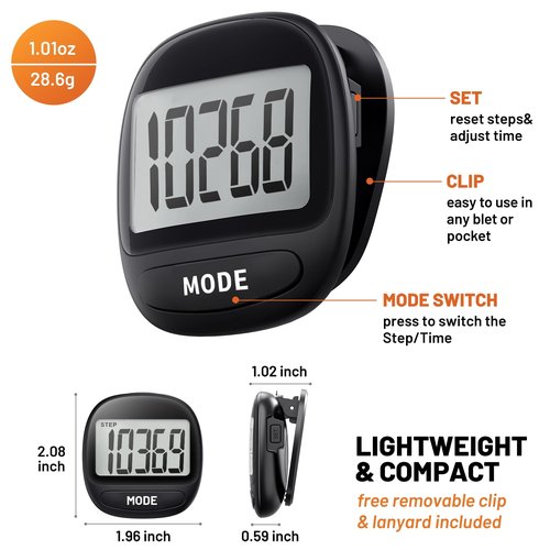 3D Pedometer for Walking Running Sports - Step Counter with Clip & Lanyard, Large LCD Display Accurate Fitness Tracker for Men Women Seniors Easy to Use-Black