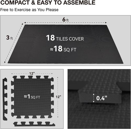 AIRHOP Gym Floor Mat - High-Density EVA Foam Puzzle Tiles for Home Gym & Play Area | 18 Interlocking Pieces