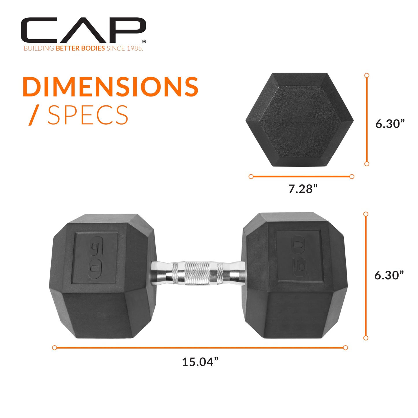 CAP 60 LB Rubber Coated Hex Dumbbell Weight, Rubber Free Weights for Home Gym Strength Training, Chrome Handle, Single
