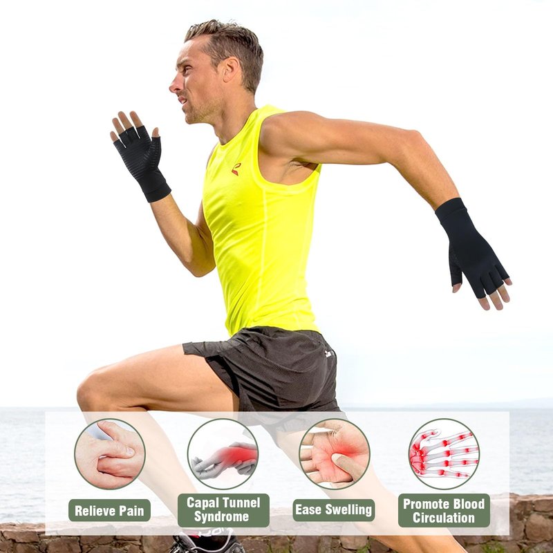 2 Pairs Copper Arthritis Gloves, Fingerless Compression Gloves for Men and Women, Pain Relief and Healing for Arthritis Hand, Carpal Tunnel, Typing and Daily Work (Black, Medium)