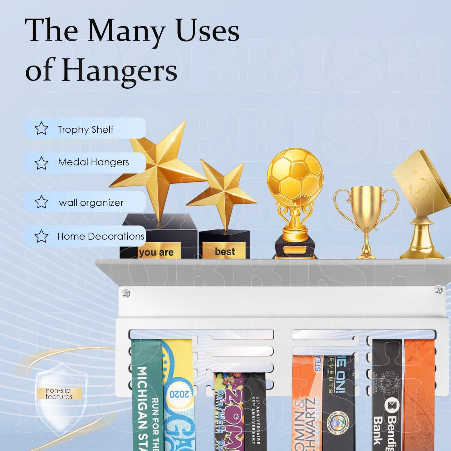 iBobbish Non-Slip White Medal Hanger Display Trophy Shelf,Medal Hanger Display For Wall,Race Medal Display Upgraded Medal Holder Display For gymanstics,race,soccer,swim