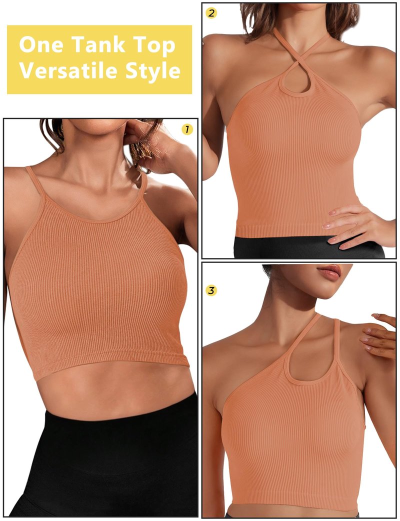 Ribbed Tank Top for Women 2025, Seamless Racerback Workout Tops, Basic Sports Camisole Tops, Crop Tops for Yoga Sports Going Out Orange S (Long Crop)