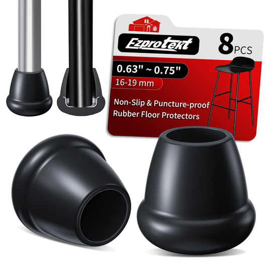 Ezprotekt 3/4" Round Rubber Chair Leg Caps, 8 Pcs Non-Slip Metal Folding Furniture Feet Stool Leg Floor Protectors Cups for Dining Table, Patio Chair Legs, Black (Fit: 0.63" - 0.75")