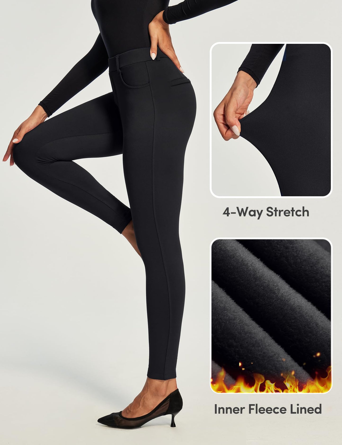 IUGA Fleece Lined Leggings for Work Pull on Thermal Dress Pants Skinny Warm High Waisted Stretchy Work Pants for Women Winter Black