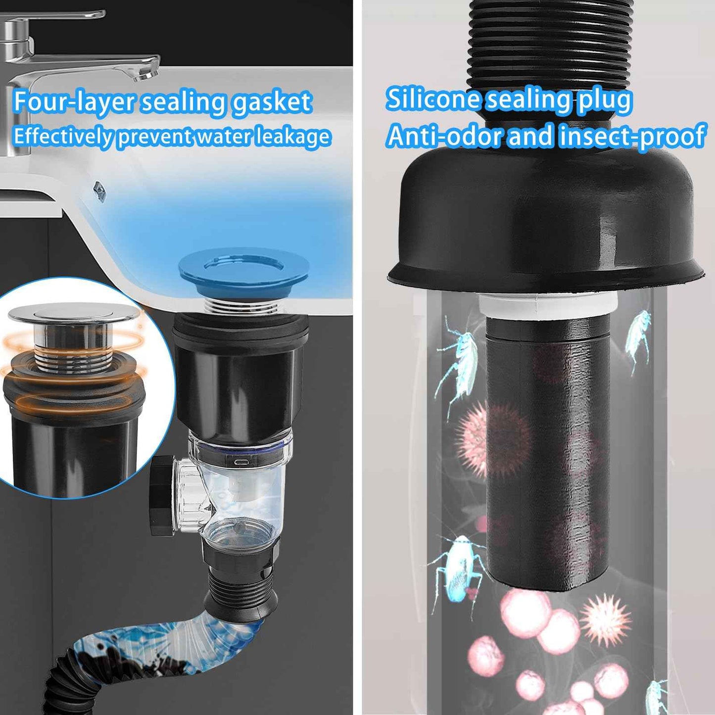 Bathroom Sink Drain kit Black,That can be Used with or Without Overflow,Bathroom Sink Drain with Strainer Basket Hair Catcher and pop-up Stopper， for 1-1/4'' & 1-1/2'' RuQiankun