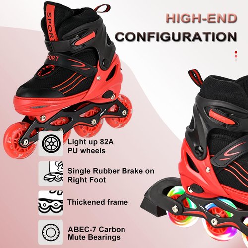 Kids Inline Skates for Girls Boys with All Wheels Illuminating, Adjuatable Mens and Womens Roller Skates Blades for Beginner in Outdoor and Indoor (Black&Red, Medium - Big Kids)