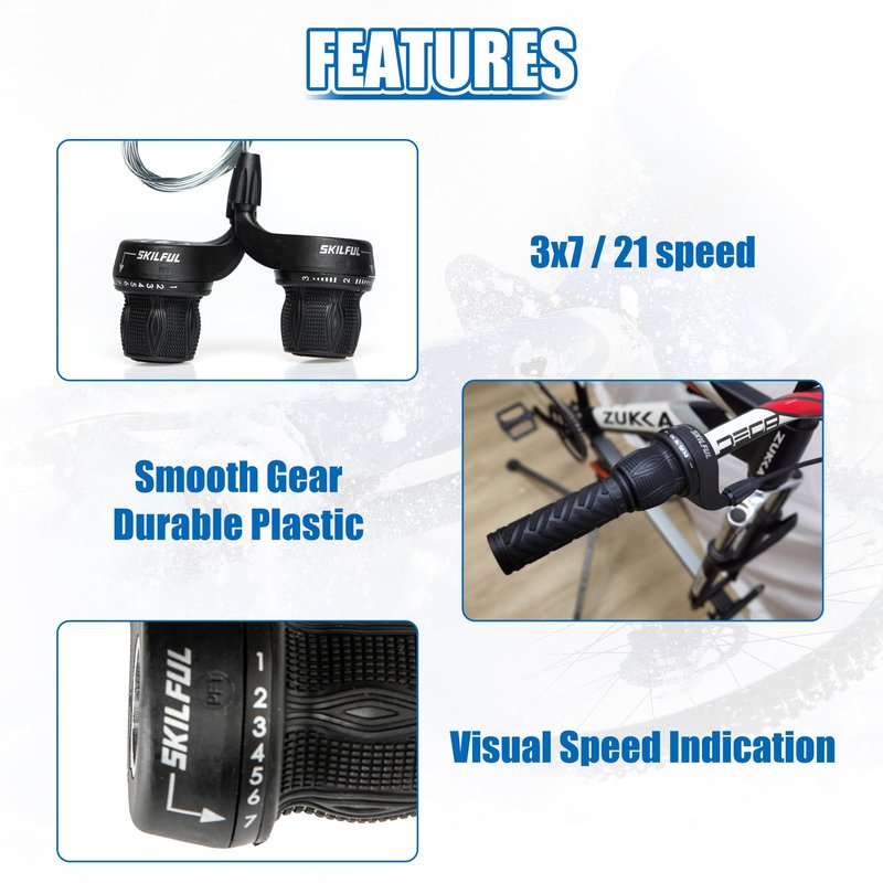 MEGHNA Bicycle 21 Speed Twist Shifter Lever 3 x 7 Speed Grip Shift Left and Right Shifting Mountain Bike Hybrid Bike Kids Bike Tricycle Gear Grip Shifter with Grips (Pair)