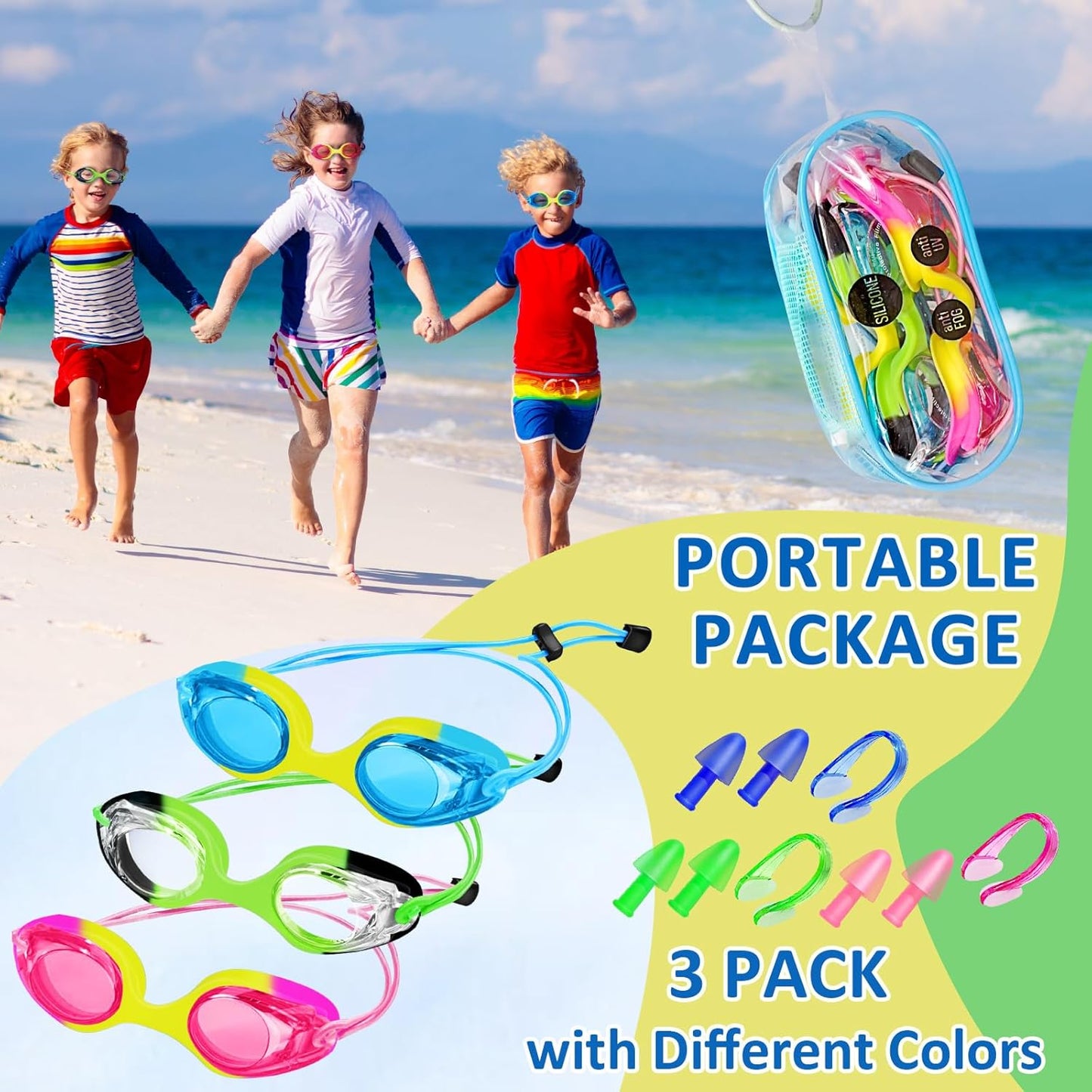 XDX Kids Swim Goggles - 3 Pack With Adjustable Bungee Strap | Anti-Fog, No Leak Design for Ages 3-14