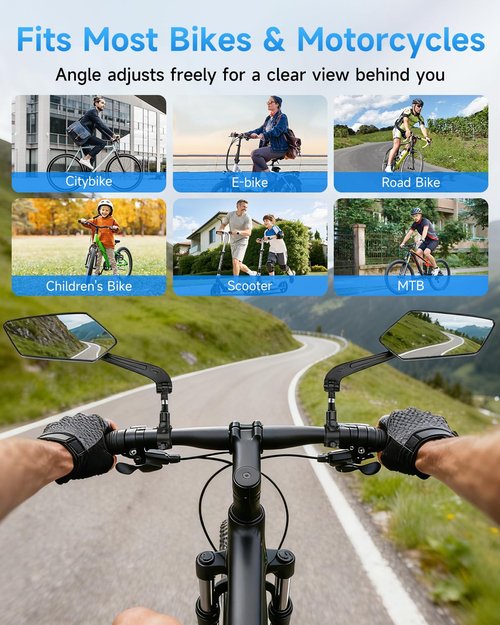 Bike Mirror, Handlebar Bicycle Mirrors, Scratch Resistant HD Glass Lens, 360° Rotatable & Foldable Safe Rearview Bicycle Mirrors, Bike Rear View Mirror for Scooter, Ebike, Bike Accessory(1 Pair)