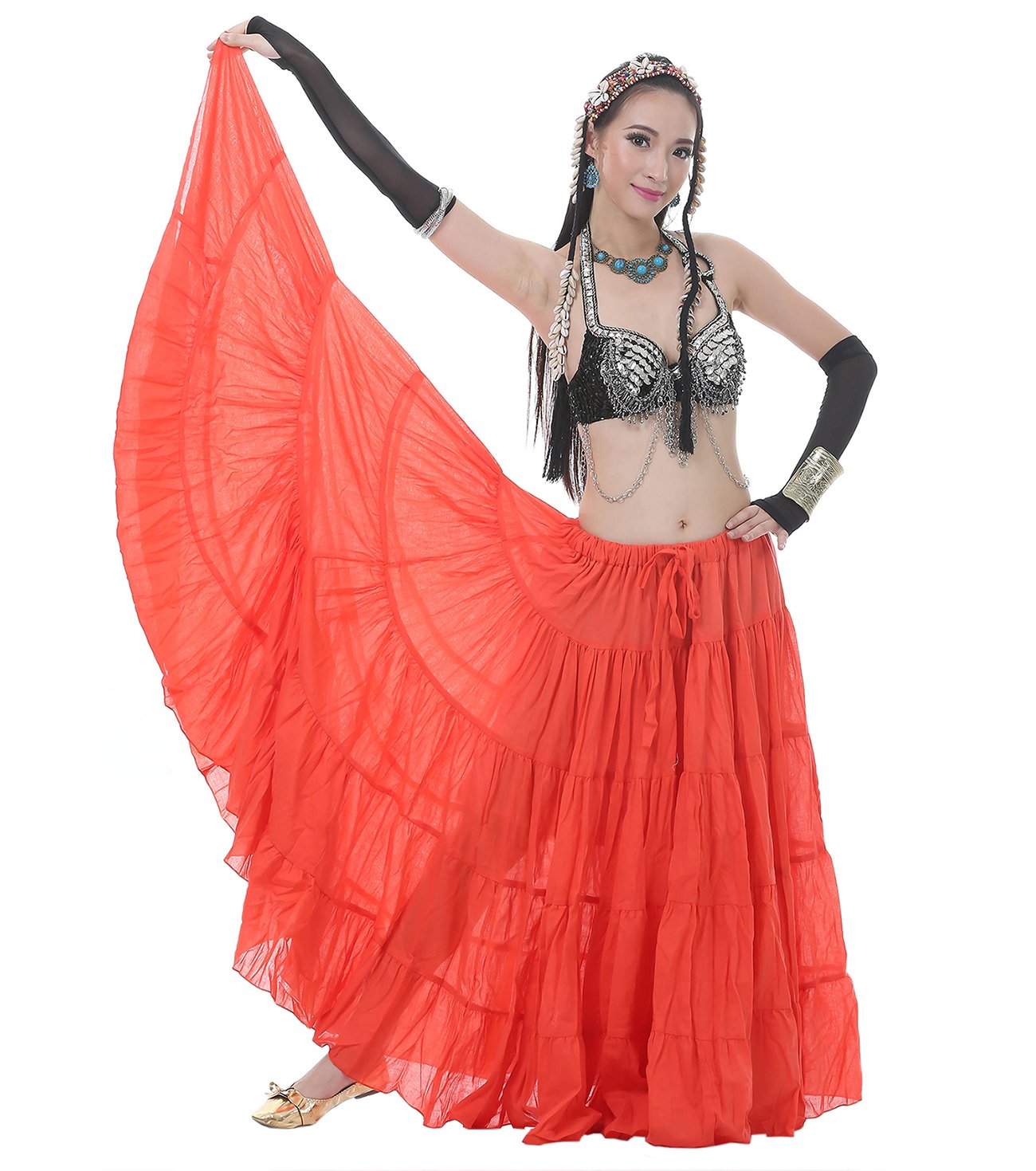 Astage Woman Belly Dance Full Circle Maxi Trible Skirts Linen Bohe Dress Orange