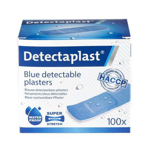 Detectaplast Blue bandaids Premium, Metal detectable and Waterproof bandaids, Essential for Catering First aid kit in Food handling environments, Kitchen aid, 0,98 x 2,83 inches, 100 Strips