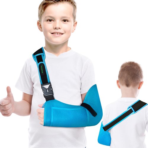 KONSEDIK Arm Sling for Kids - Adjustable Breathable Shoulder Immobilizer with Pockets,Supports Rotator Cuff Injury,Wrist,Elbow,Clavicle Fracture Recovery,Post-Surgery Sling for Left or Right Arm(Blue,X-Small)