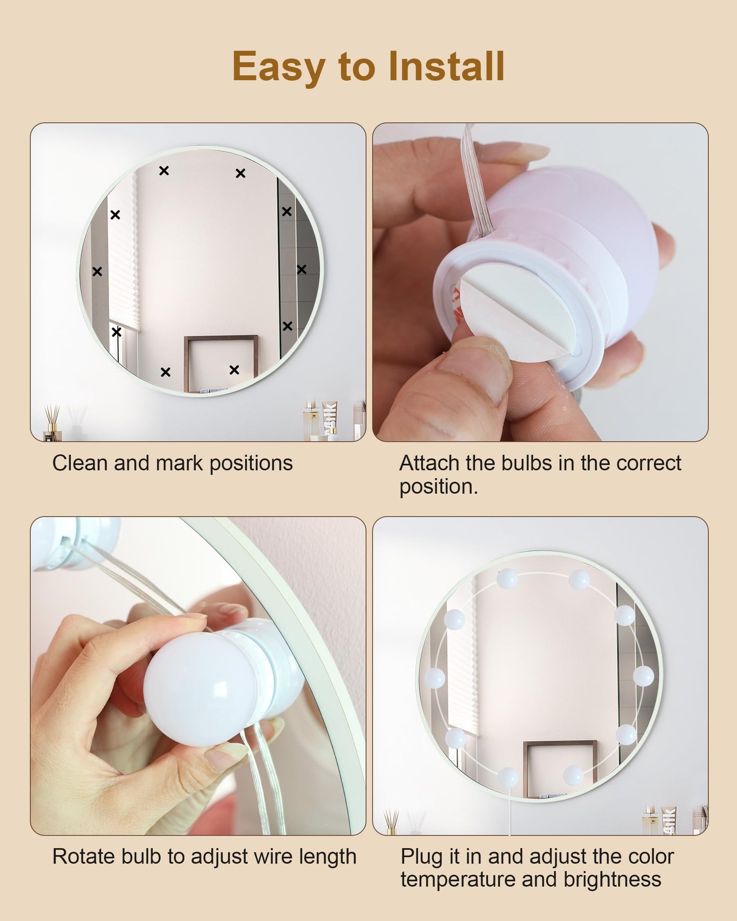 Yarnock 10 Bulbs LED Vanity Lights for Mirror, 3000K 4000K 6500K & 10-Brightness, Wire Length Adjustable, USB Cable, Hollywood Mirror Lights for Makeup Dressing Room Bathroom, White