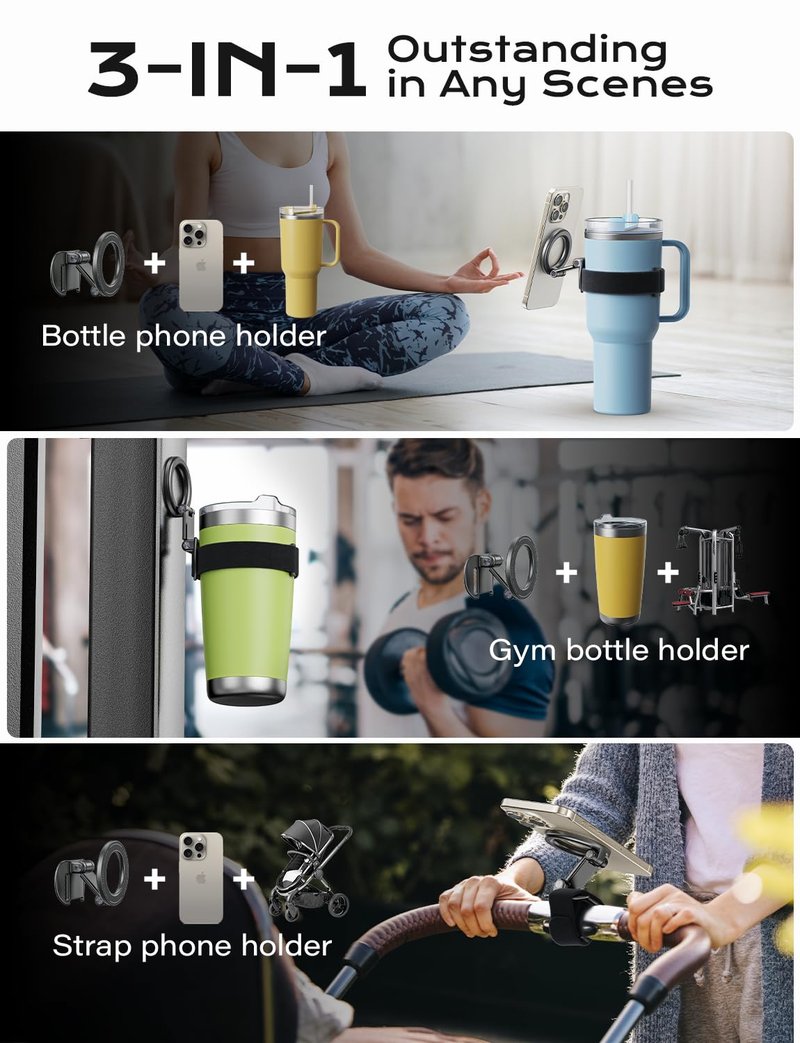 TAZENI Fit Magsafe Water Bottle Gym Stroller Phone Holder Strap Magnetic Phone Holder for Stroller Gym Accessories for Stanley Owala Yeti Hydrojug 10-60oz Tumbler Adjustable for iPhone & Android