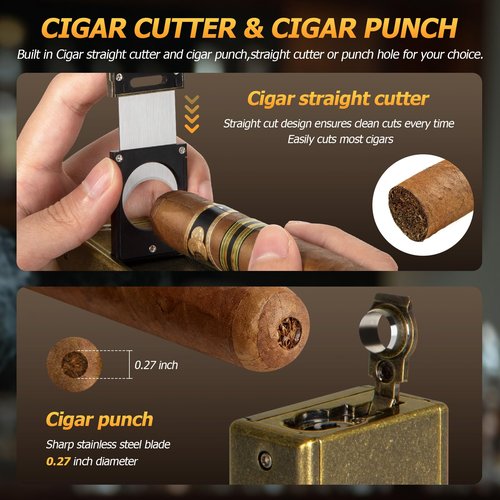 Torch Lighter with Adjustable Dual-Flame, Built-in Cigar Punch, Holder, Cutter, Windproof Refillable Butane Lighter for Smoking, Gift for Men
