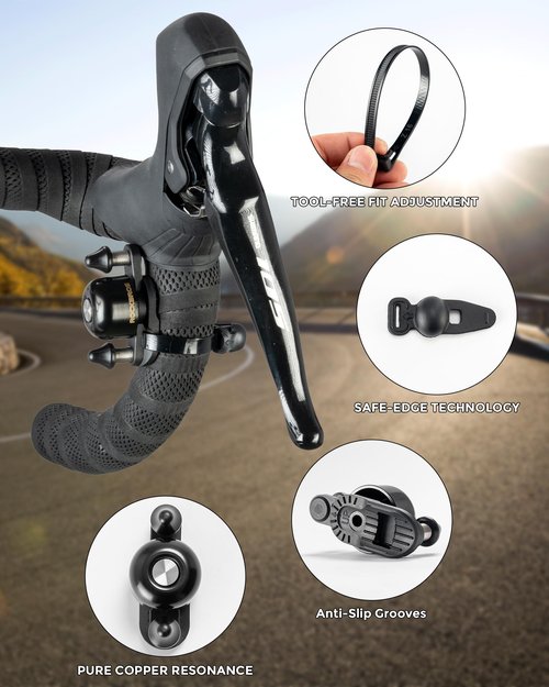 ROCKBROS Bike Bell for Adults 180 Degrees Adjustable Dual-Hammer Bicycle Bell - Loud Brass Ring, Universal Strap-On Mount for Road/Mountain/EBikes, Mini & Stylish Design