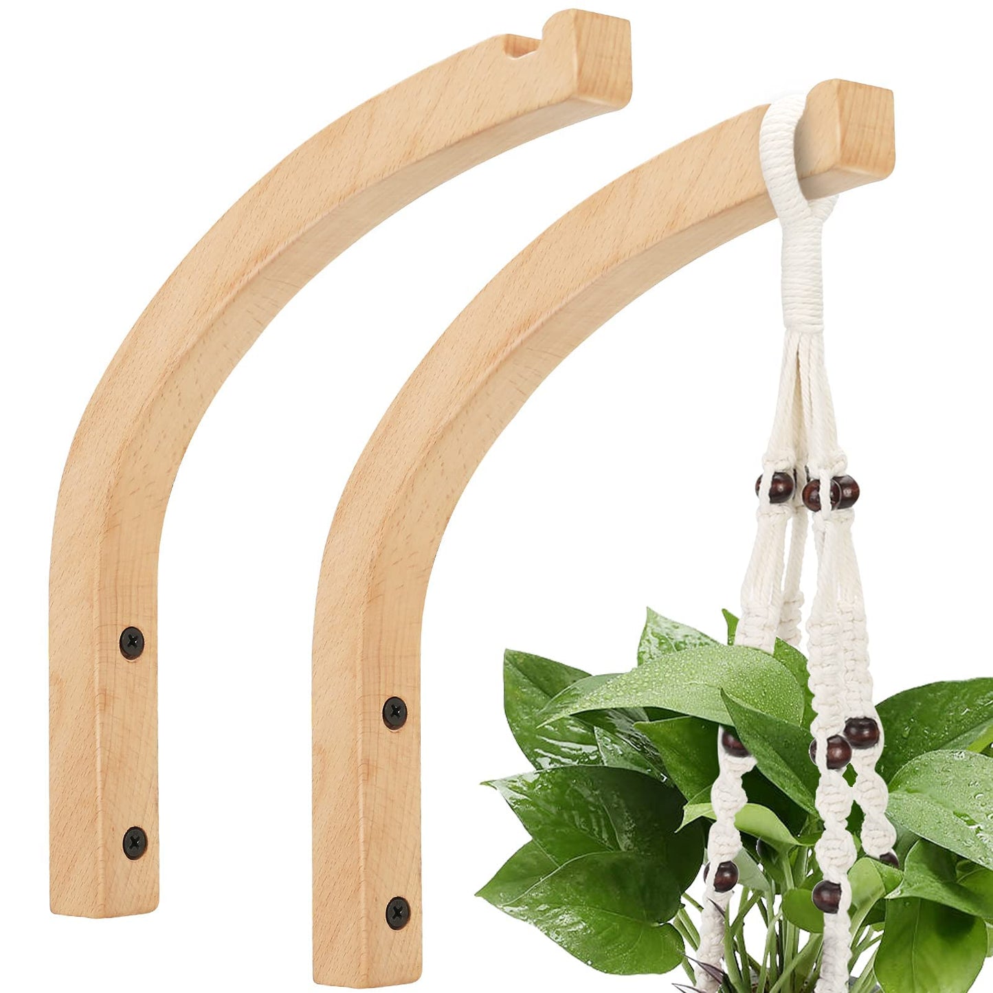Smowfes Wooden Wall Hooks for Plants - 8 Inch Indoor Plant Hangers, 2 Pack Decorative Wood Wall Hooks for Hanging Planters, Lanterns, Wind Chimes & Garden Decor (Natural Wood, Heavy Duty)