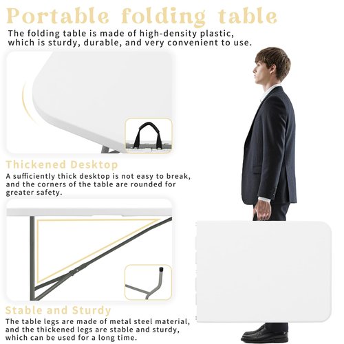 HAISIWLKJ Folding Table 8 FT Camping Table Portable Heavy Duty Plastic Rectangular Outdoor Dining Table Steel Legs Fold-in-Half with Carrying Handle for Indoor,Picnic,Party,Wedding,Events(White)