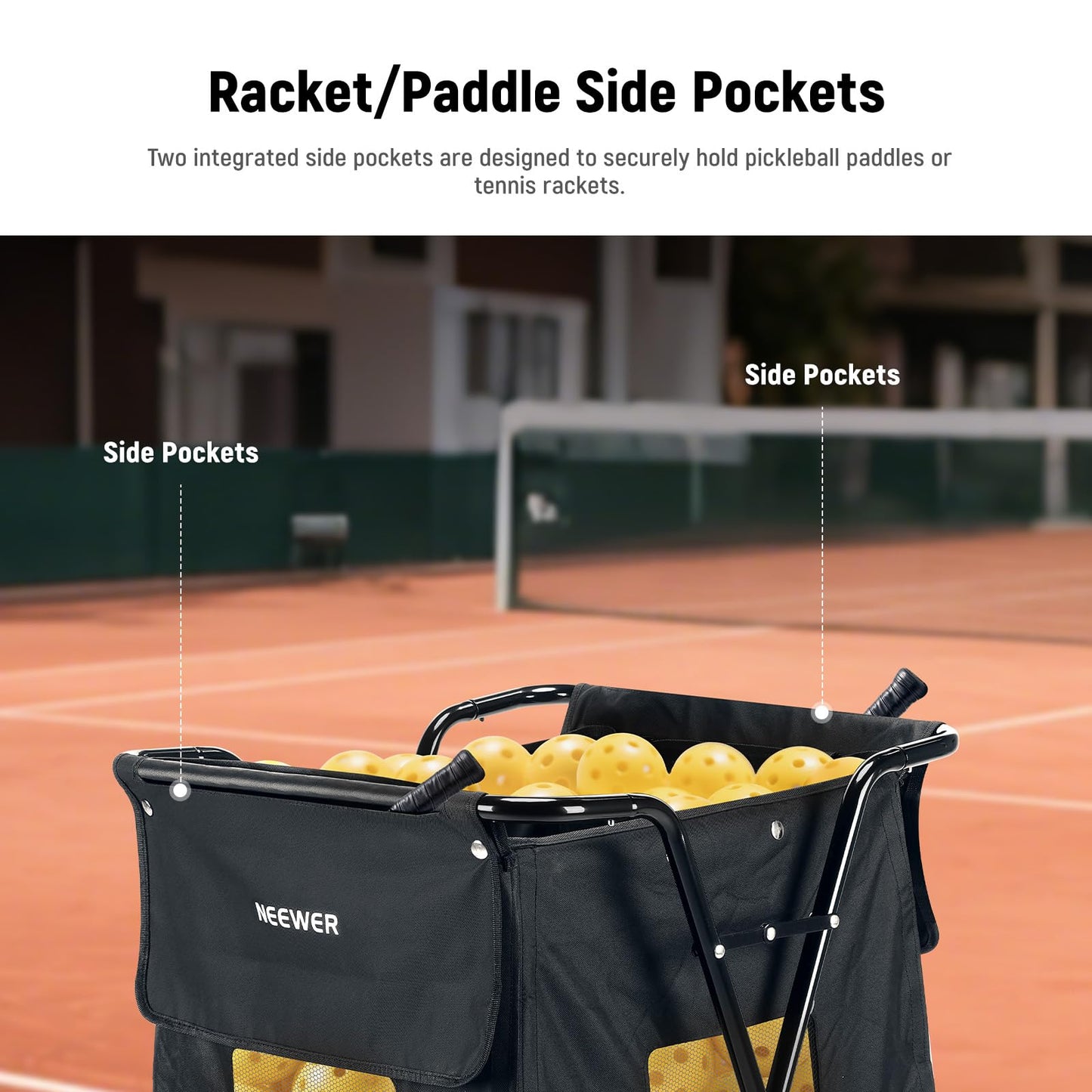 NEEWER Tennis Ball Hopper Pickleball Caddy with Wheels, Rolling Collector Basket Cart Holder for 140 Pickleballs 175 Tennis Balls Pickup Tennis Court Equipment Accessory for Training Teaching, PB01X