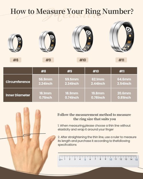 Fvtga Smart Health Ring - Fitness Tracker with Heart Rate, Blood Oxygen & Sleep Monitoring | IP68 Waterproof, Silver, Size 8