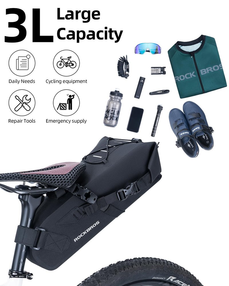 ROCKBROS Bikepacking Bag Bike Saddle Bag Large Capacity Bikepacking Seat Bag Waterproof Bike Seat Bag Max 3L